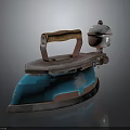 Vintage Electric Iron With Blue Body Wooden Handle And Retro Metal Container