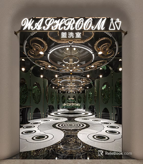 Luxurious Public Restroom Interior With Ornate Ceiling Lamps And Patterned Floor Design 3d model 