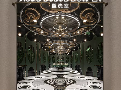 Luxurious Public Restroom Interior With Ornate Ceiling Lamps And Patterned Floor Design 3d model