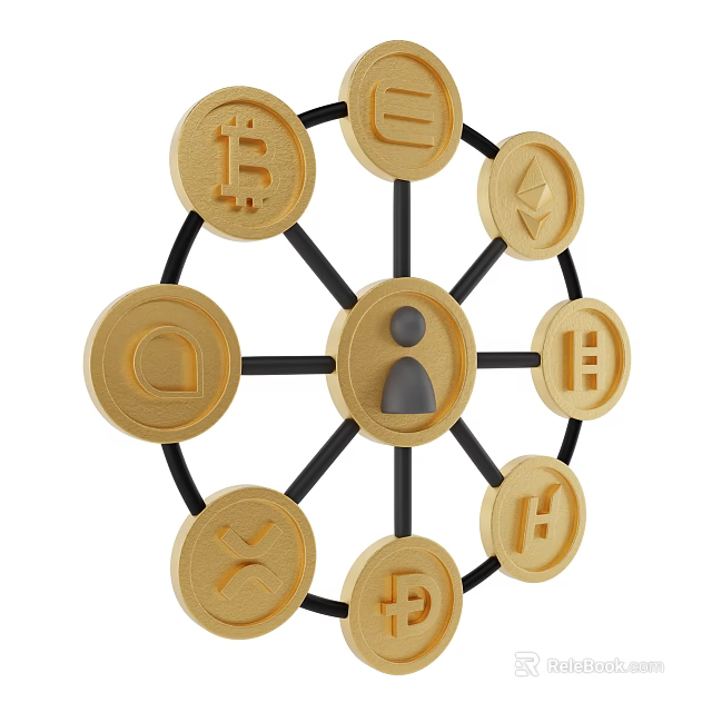 Golden Decorative Ornament Set Featuring Wheel Structure Human Figure Icon And Cryptocurrency Symbols 3d model 