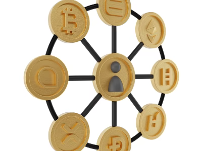 Golden Decorative Ornament Set Featuring Wheel Structure Human Figure Icon And Cryptocurrency Symbols 3d model