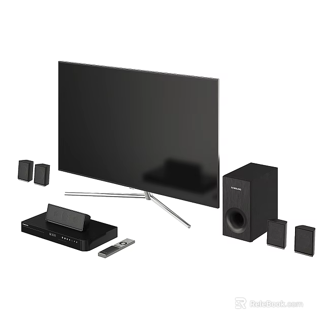 Modern TV With Surround Sound Speakers Set Top Box Remote Control And Stand 3d model 