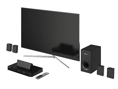 Modern TV With Surround Sound Speakers Set Top Box Remote Control And Stand 3d model