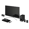 Modern TV With Surround Sound Speakers Set Top Box Remote Control And Stand