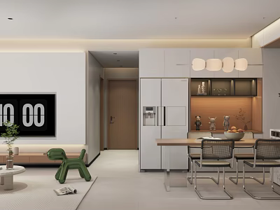 Modern Living And Dining Room Interior With Sofa Green Chair TV Dining Table And Cabinets 3d model