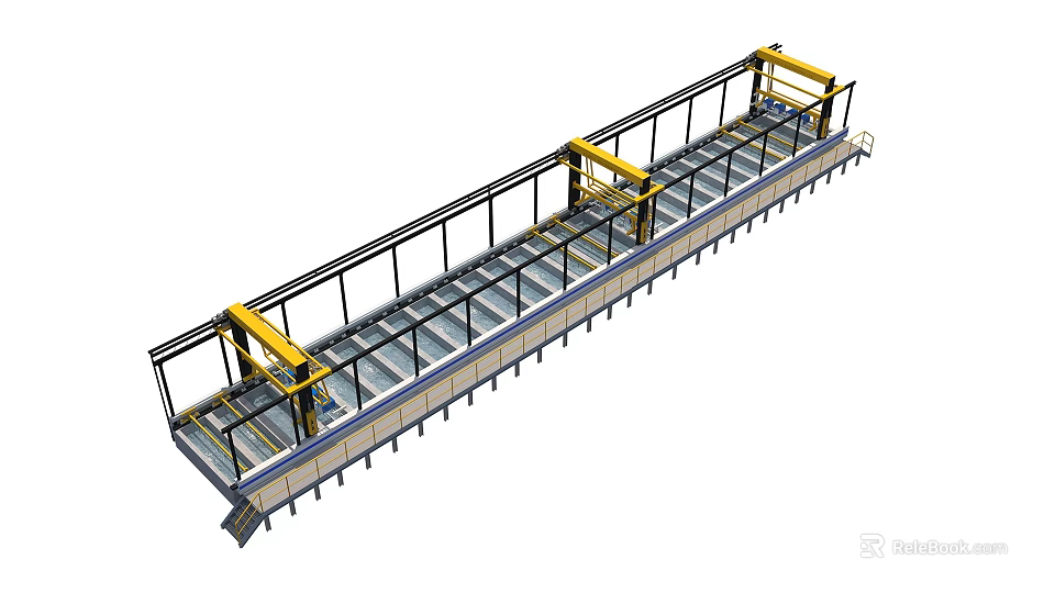Industrial Factory Building Structure With Elongated Continuous Platform Yellow Machinery And Safety Railing 3d model 
