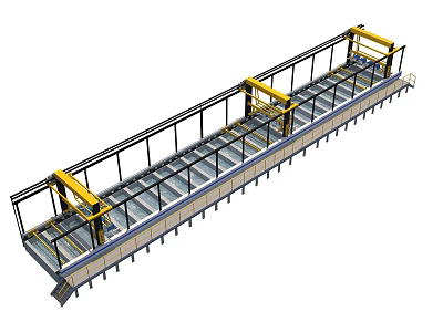 Industrial Factory Building Structure With Elongated Continuous Platform Yellow Machinery And Safety Railing 3d model