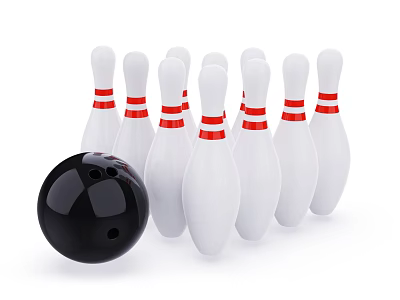 Black Bowling Ball And White Pins With Red Stripes Arranged As Sports Equipment For Bowling 3d model