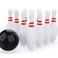 Black Bowling Ball And White Pins With Red Stripes Arranged As Sports Equipment For Bowling