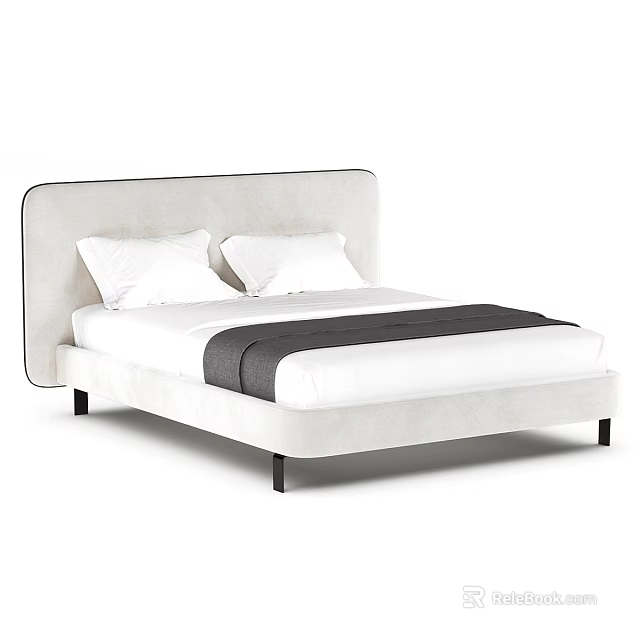 Cream Colored Double Bed with Upholstered Headboard White Pillows Dark Gray Blanket and Black Legs 3d model 