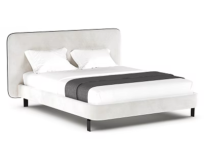 Cream Colored Double Bed with Upholstered Headboard White Pillows Dark Gray Blanket and Black Legs 3d model