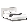 Cream Colored Double Bed with Upholstered Headboard White Pillows Dark Gray Blanket and Black Legs