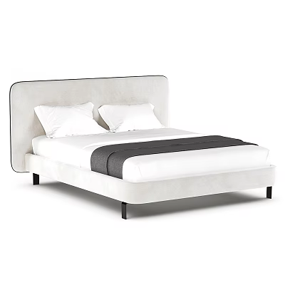 Cream Colored Double Bed with Upholstered Headboard White Pillows Dark Gray Blanket and Black Legs 3d model