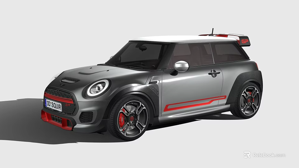 Gray Mini Sporty Hatchback Featuring White Roof Red Accent Stripes Black Wheels And Red Calipers 3d model 