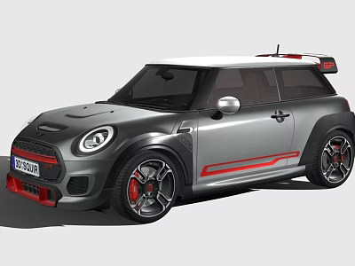 Gray Mini Sporty Hatchback Featuring White Roof Red Accent Stripes Black Wheels And Red Calipers 3d model