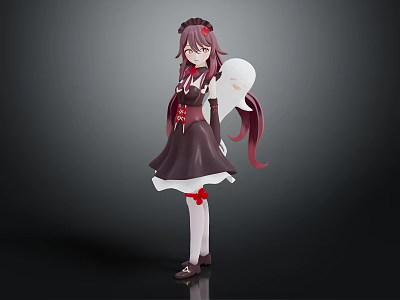 Anime Female Character With Purple Long Hair Holding White Ghost Companion In Black Red Dress 3d model