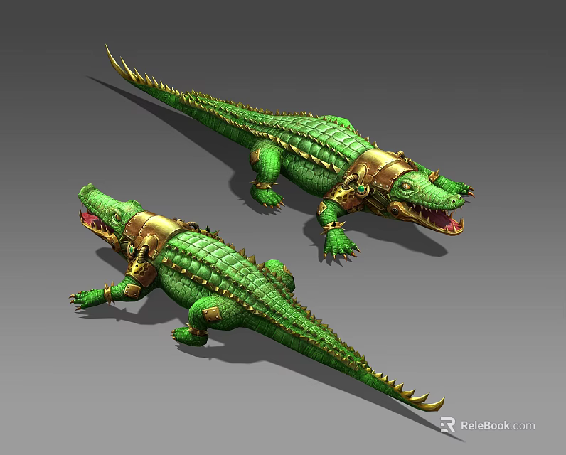 Green Crocodiles 3D Render With Golden Armor And Open Mouth 3d model 