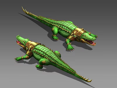 Green Crocodiles 3D Render With Golden Armor And Open Mouth 3d model