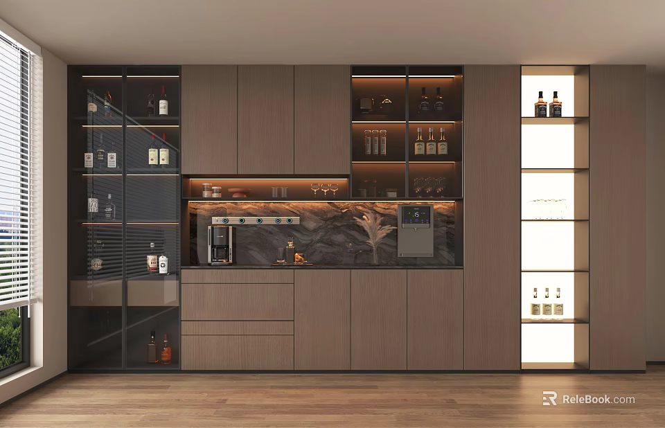 Modern Wooden Sideboard Cabinet With LED Lighted Wine Storage And Integrated Coffee Station 3d model 