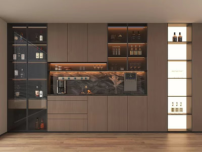 Modern Wooden Sideboard Cabinet With LED Lighted Wine Storage And Integrated Coffee Station 3d model