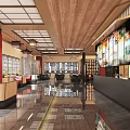 Elegant Modern Restaurant Interior With Wooden Ceiling Chandelier Dining Tables Chairs And Decorative Plants