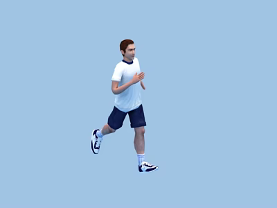 Man Running in White T-Shirt and Dark Blue Shorts with Sneakers Against Light Blue Background 3d model