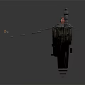 Cartoon Scene With Pillar Structure Broken Stones On Top Small Red Character And Flying Debris