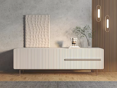 Modern Ribbed White TV Stand With Metal Legs Decorative Panel And Plant On Wooden Floor 3d model