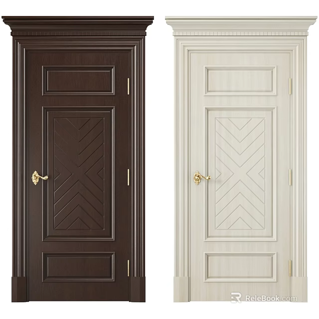 Dark Brown And Off White Hinged Panel Doors With Herringbone Pattern And Golden Handles 3d model 