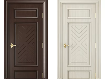 Dark Brown And Off White Hinged Panel Doors With Herringbone Pattern And Golden Handles 3d model