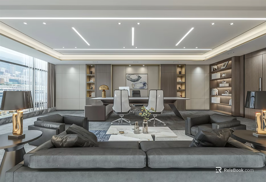 Modern Office Interior Design With Spacious Layout Sofas Desk Chairs And Bookshelves 3d model