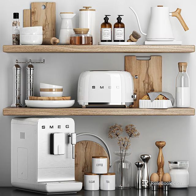 Kitchen Decorative Ornament Set With Smeg Toaster Coffee Machine Wooden Cutting Boards And Ceramic Bowls 3d model 