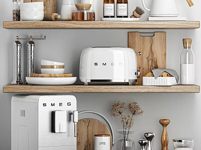Kitchen Decorative Ornament Set With Smeg Toaster Coffee Machine Wooden Cutting Boards And Ceramic Bowls 3d model