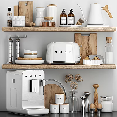 Kitchen Decorative Ornament Set With Smeg Toaster Coffee Machine Wooden Cutting Boards And Ceramic Bowls 3d model