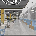 Spacious Cafeteria Interior With Food Stalls Yellow Pillars Wooden Ceiling And Tables Chairs