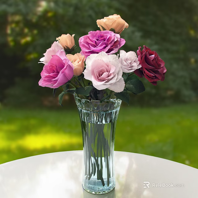 Colorful Flowers Arranged in Transparent Glass Vase on White Table with Green Grass Background 3d model 