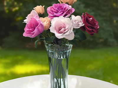 Colorful Flowers Arranged in Transparent Glass Vase on White Table with Green Grass Background 3d model