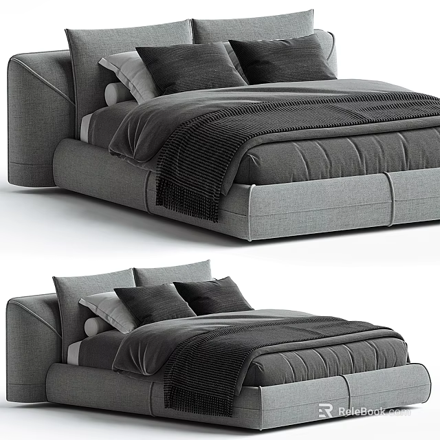 Modern Gray Double Bed With Upholstered Headboard Dark Bedding And Pillows 3d model