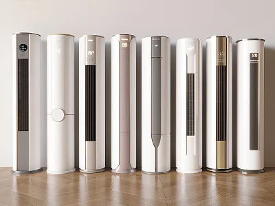 Vertical Air Conditioner Fans In Various Colors Displayed On Wooden Floor 3d model
