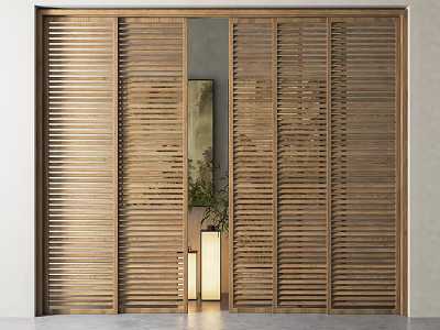 Wooden Louvered Sliding Doors For Modern Interior Space With Decorative Plant And Lighting 3d model