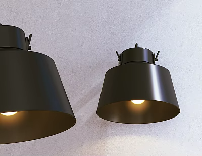 Modern Black Wall Lamps with Conical Shades Illuminated on Light Wall 3d model