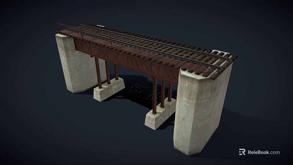 Train Traveling On Railway Bridge With Concrete Piers And Metal Rail Tracks 3d model 