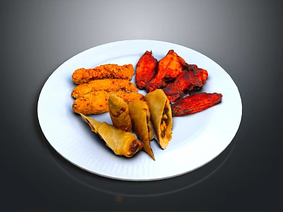 Delicious Crispy Fried Chicken Nuggets Wings and Spring Rolls on White Plate 3d model