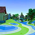 Vibrant Cartoon Scenic Landscape With Winding Blue River Lush Green Trees And Small Houses