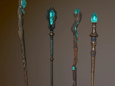 Four Decorative Magic Staffs With Blue Crystal Tops And Intricate Designs 3d model