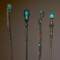 Four Decorative Magic Staffs With Blue Crystal Tops And Intricate Designs