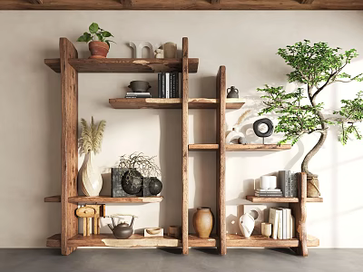 Rustic Wooden Shelving Unit With Potted Plants Books Vases And Tea Accessories For Home Interior 3d model