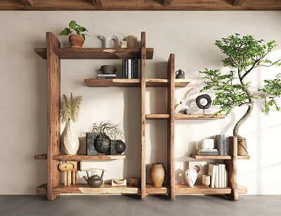 Rustic Wooden Shelving Unit With Potted Plants Books Vases And Tea Accessories For Home Interior 3d model