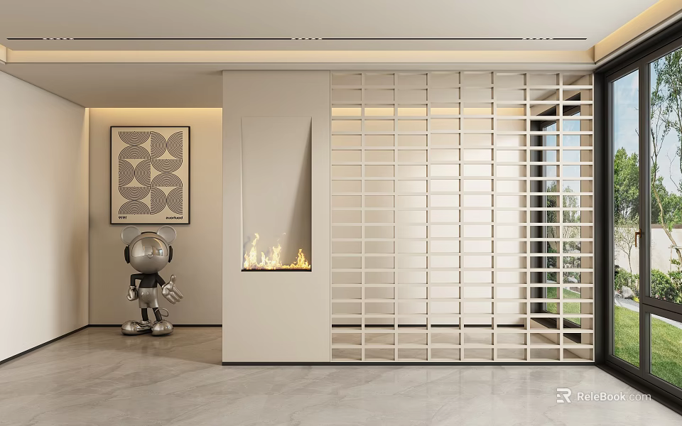 Modern Minimalist Entryway Hallway Interior Design With Lattice Partition Decorative Painting And Metal Figurine 3d model 