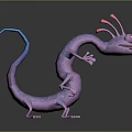 Purple Fantasy Creature Standing With Long Body Pink Antennae Blue Tail Open Mouth And Legs